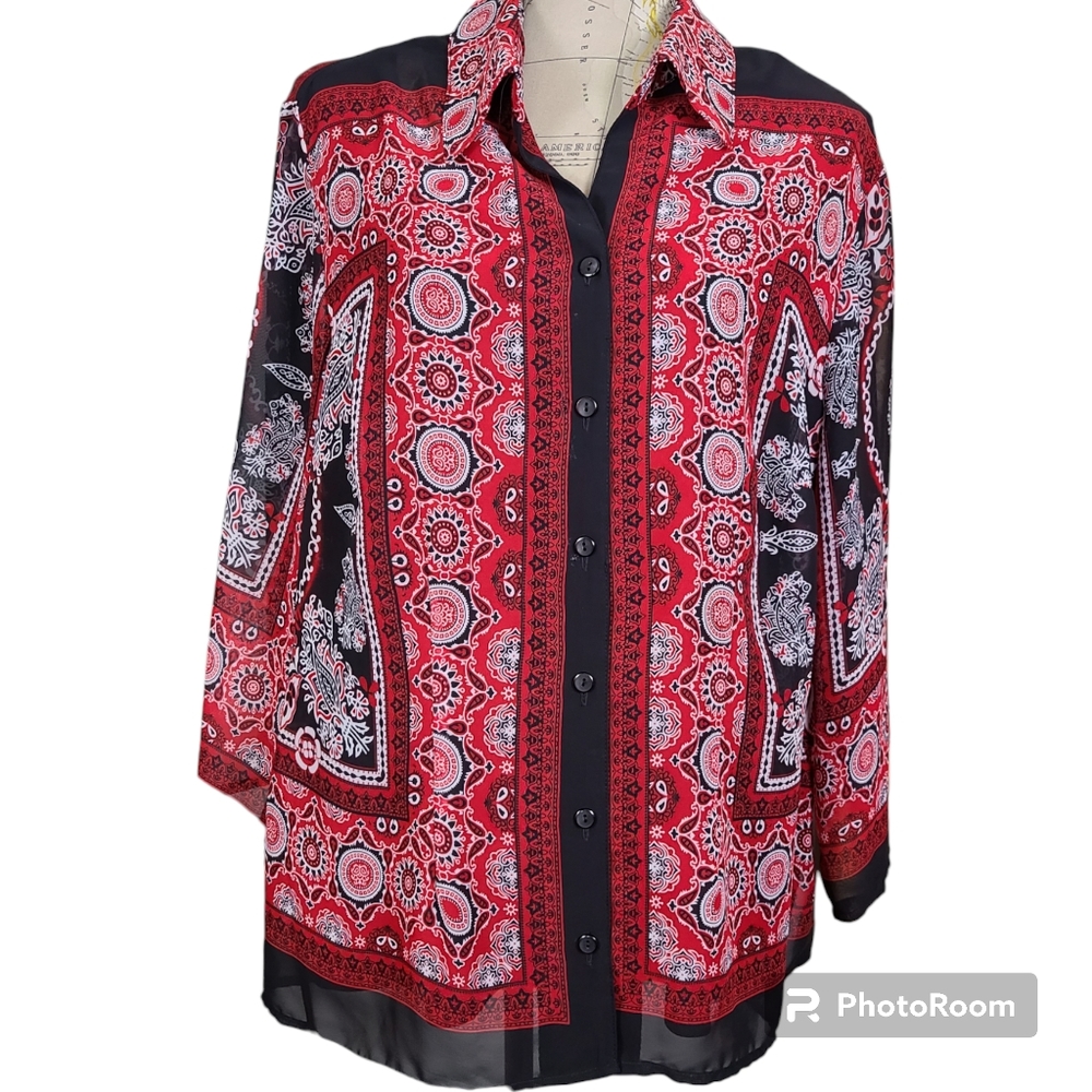 NOTATIONS 2 Piece Set Sheer Button-Down Shirt-Tank Top Black Red Bandana Size 3X - Picture 2 of 10